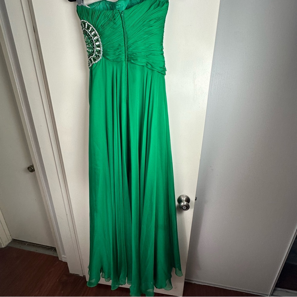 Sherri Hill EmeraldGreen Strapless PleatedTop Rhinestone/Jeweled Chiffon Dress 4 - Picture 5 of 16